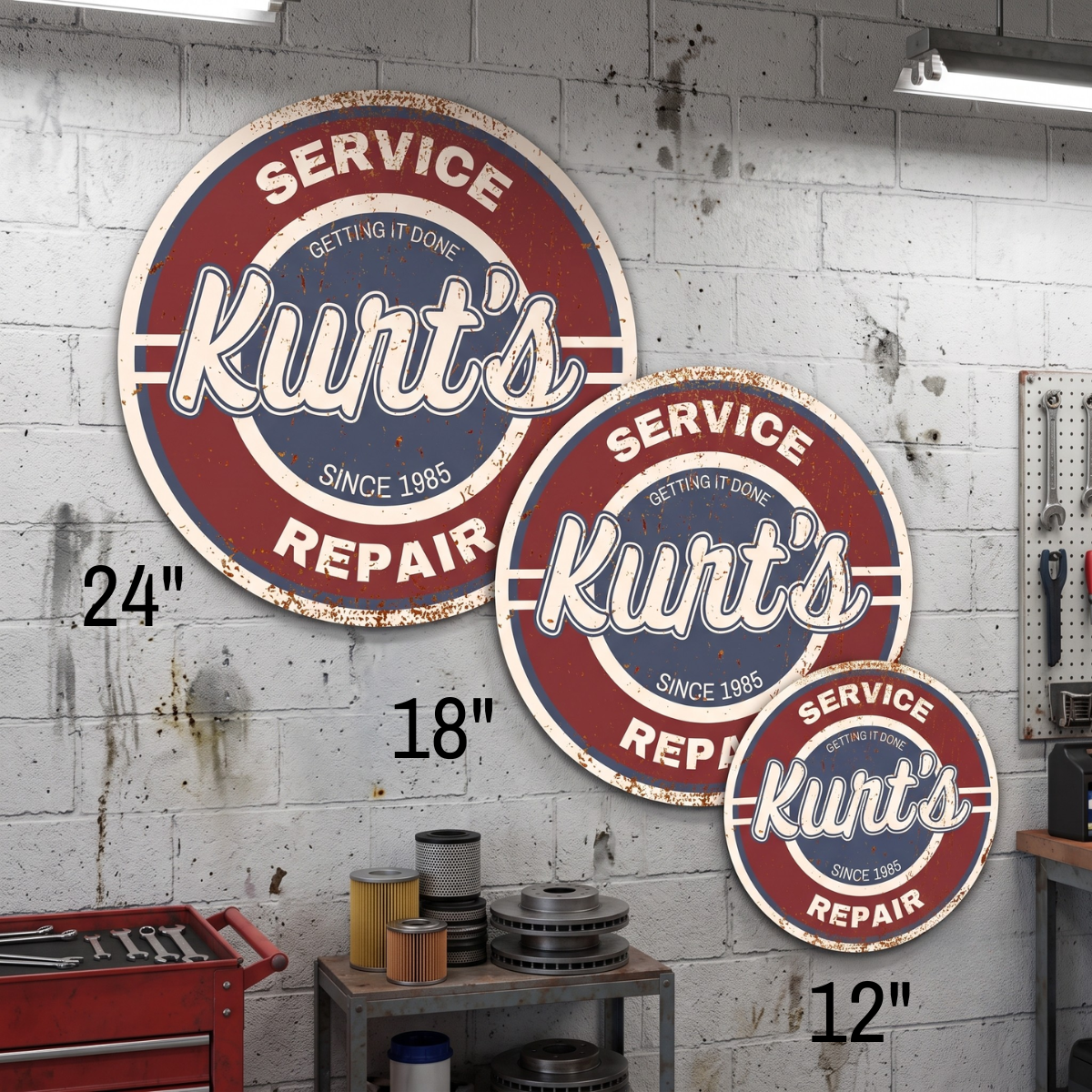 Personalized Garage Sign featuring Kurt's Repair in vintage style with sizes 24", 18", and 12" on a workshop wall.