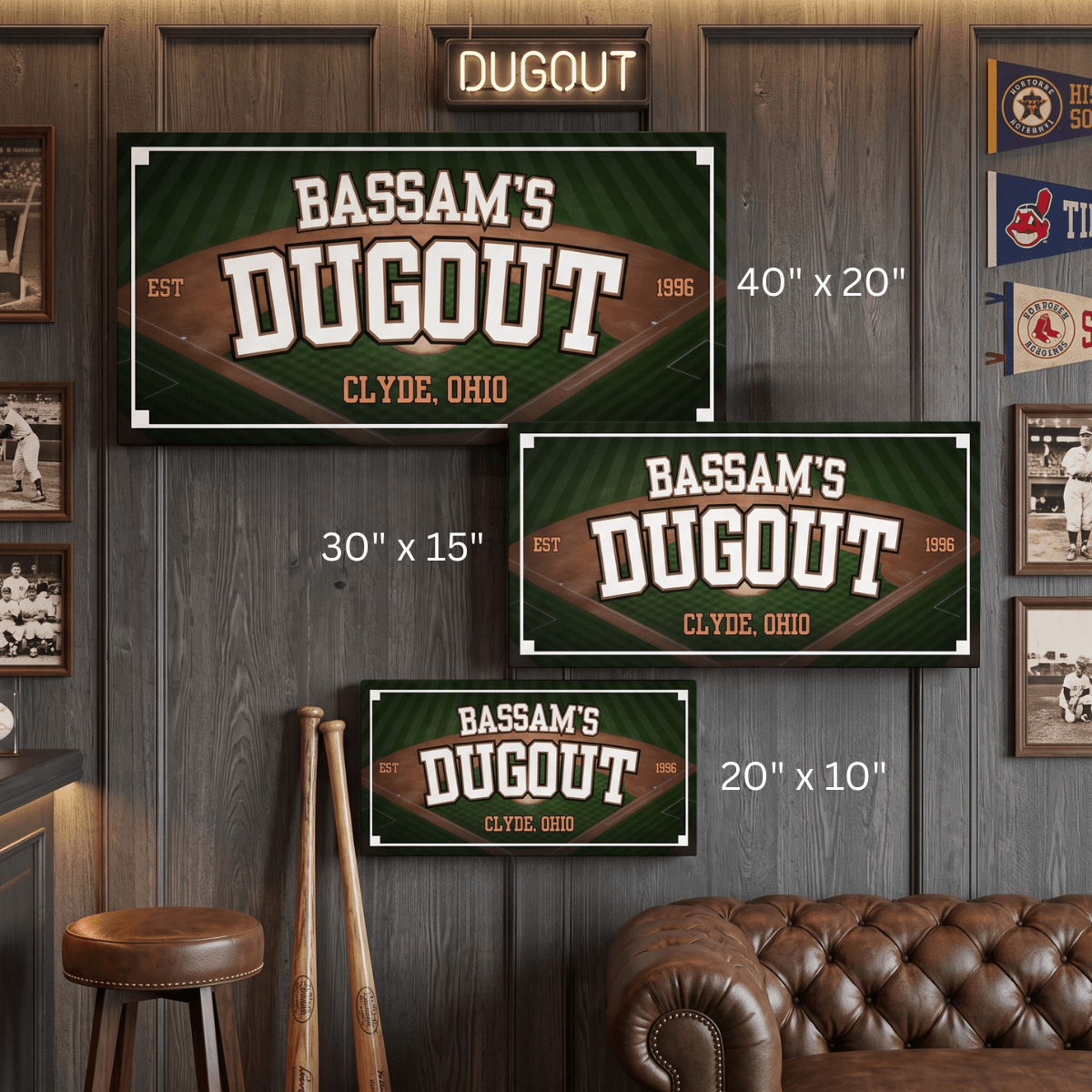 Baseball canvas featuring personalized Dugout design with name and location for man cave decor.