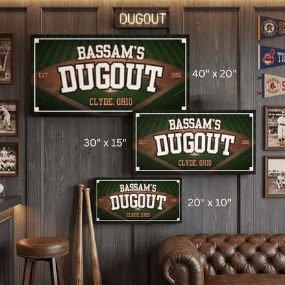 Baseball canvas featuring personalized Dugout design with name and location for man cave decor.