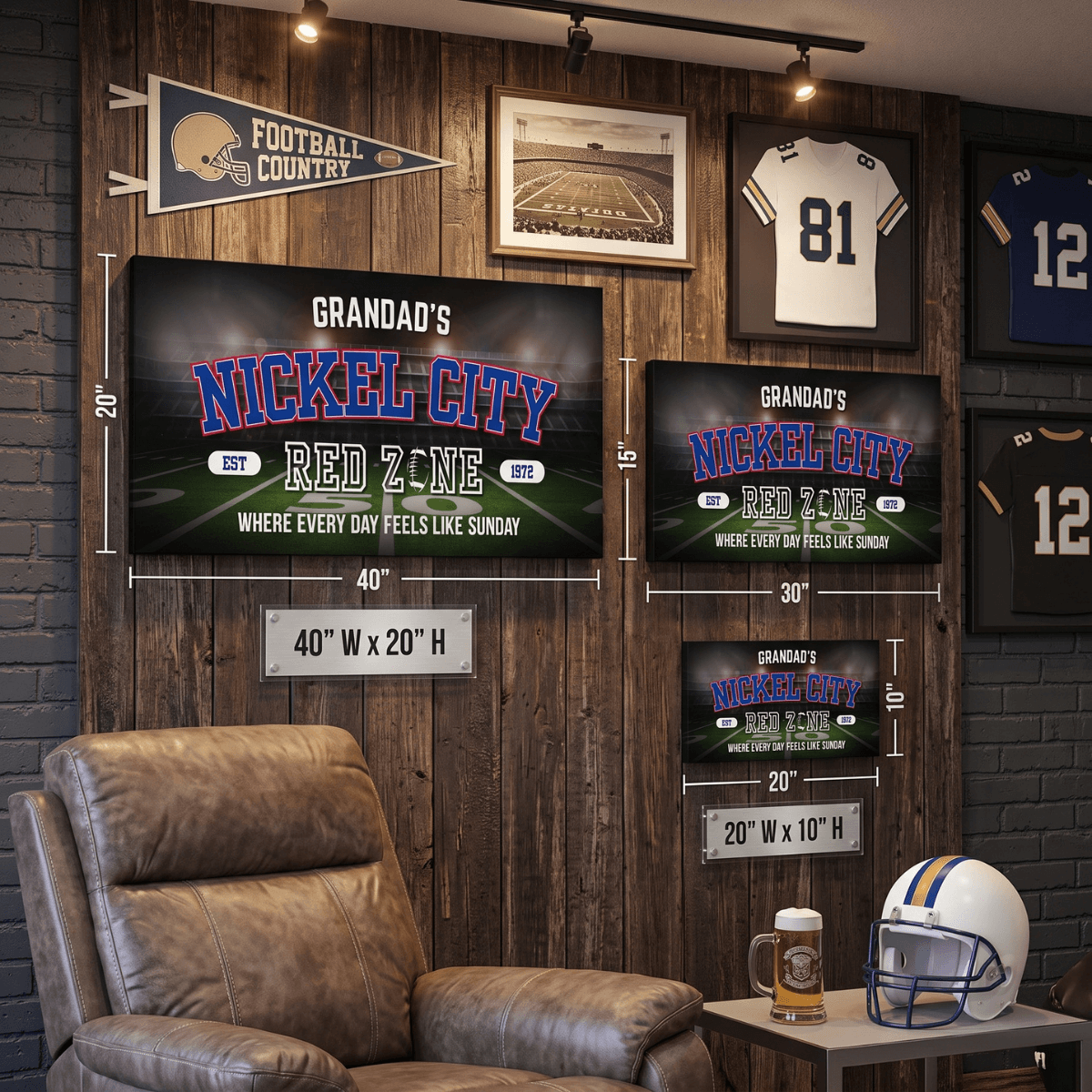 Buffalo Football Sign displayed in a man cave, featuring personalized Nickel City art on the wall.