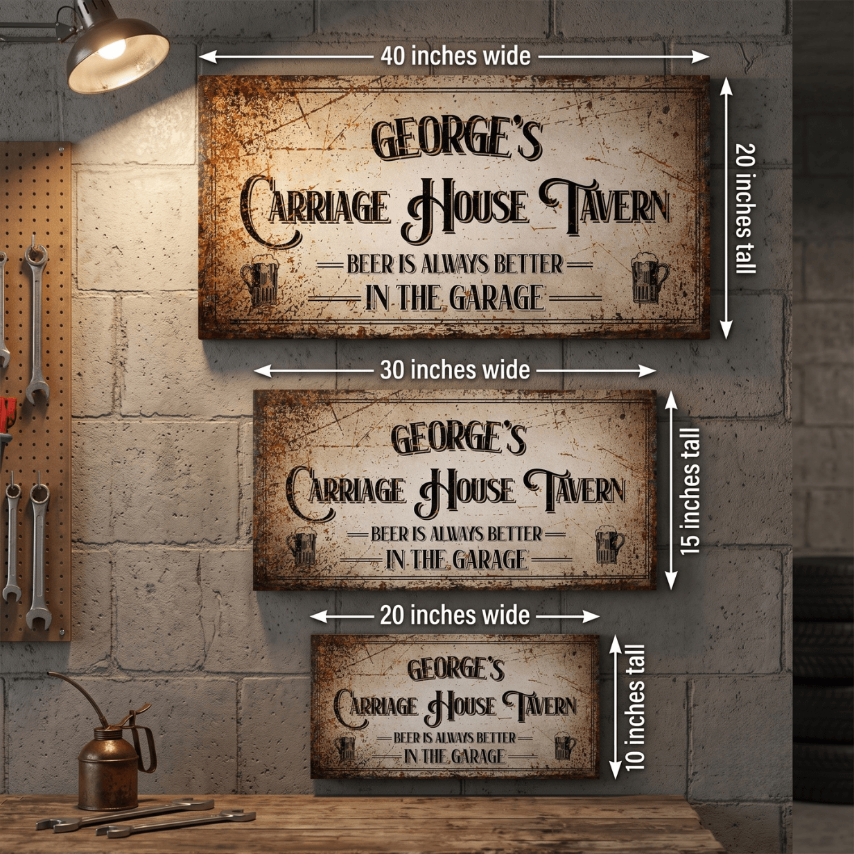 Garage Beer Sign wall decor options with different sizes showcasing personalized garage bar feel.