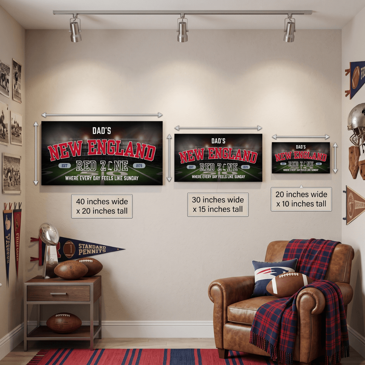 New England Football Sign displayed in a man cave with different size options on wall.