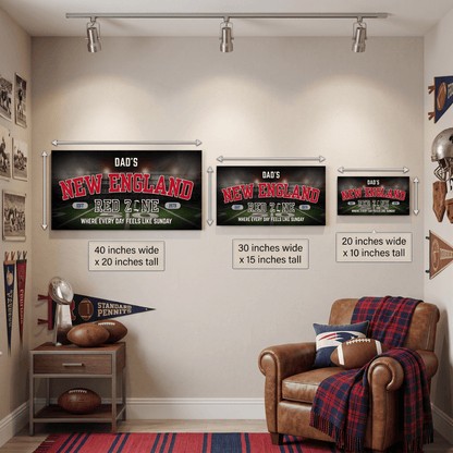 New England Football Sign displayed in a man cave with different size options on wall.