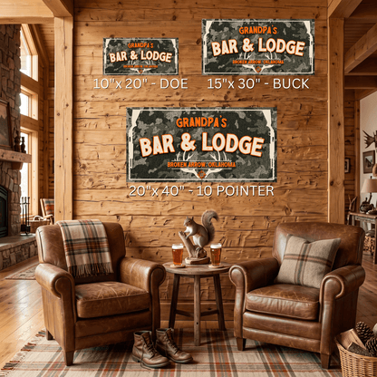 Size comparison of Hunting Lodge Sign featuring personalized canvas options for a rustic man cave decor.