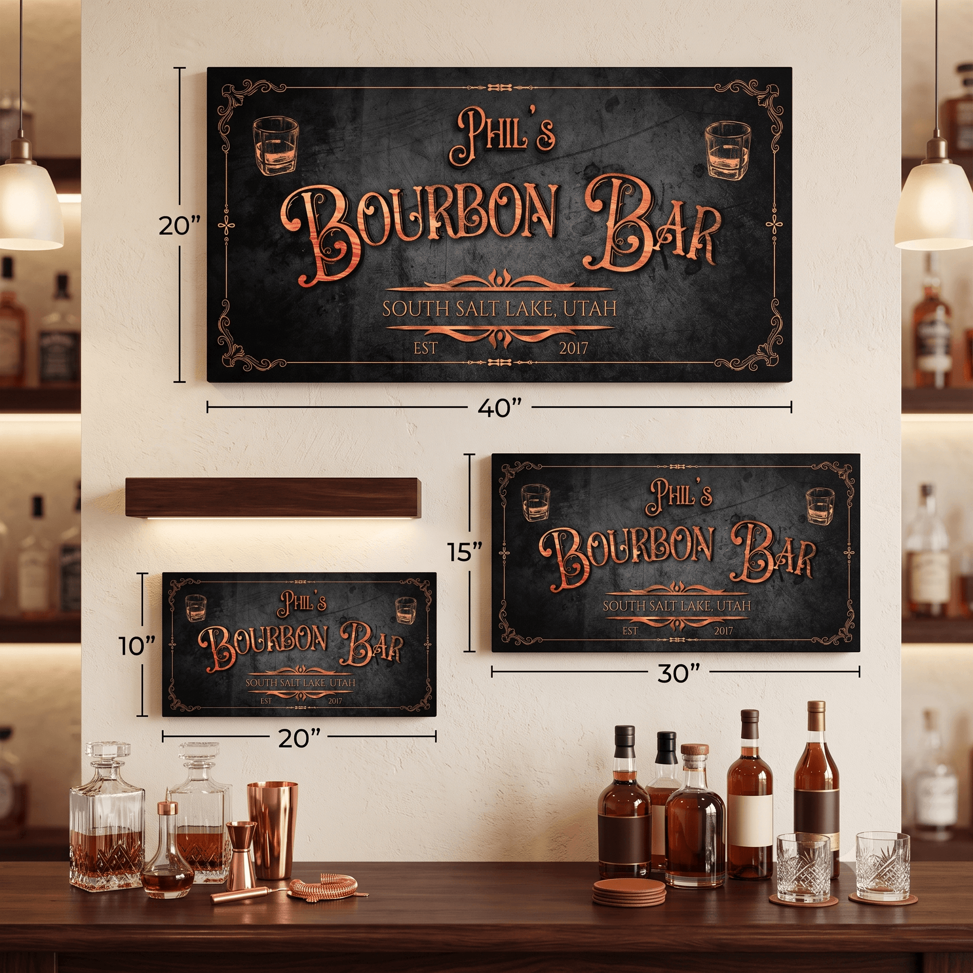 Personalized Bourbon Bar Sign featuring name and location, displayed in a cozy home bar setting.
