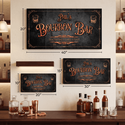 Personalized Bourbon Bar Sign featuring name and location, displayed in a cozy home bar setting.