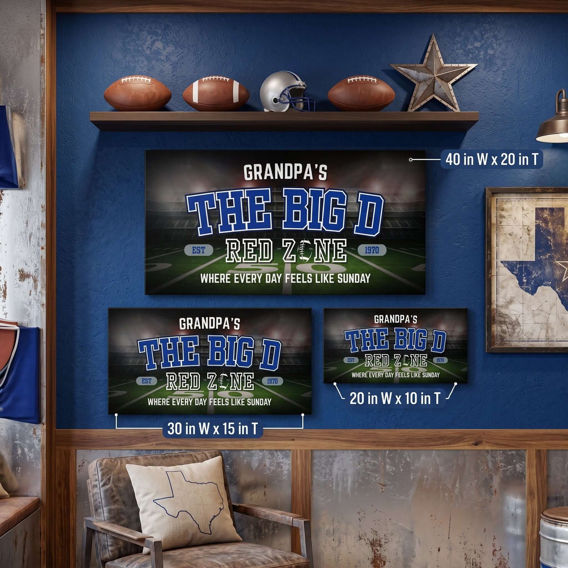 Dallas Football Sign personalized canvas wall art for man cave featuring 'The Big D' in gameday colors.