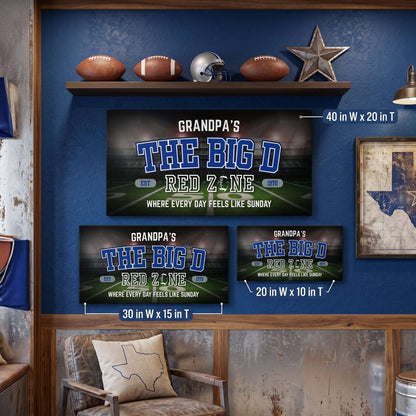 Dallas Football Sign personalized canvas wall art for man cave featuring 'The Big D' in gameday colors.