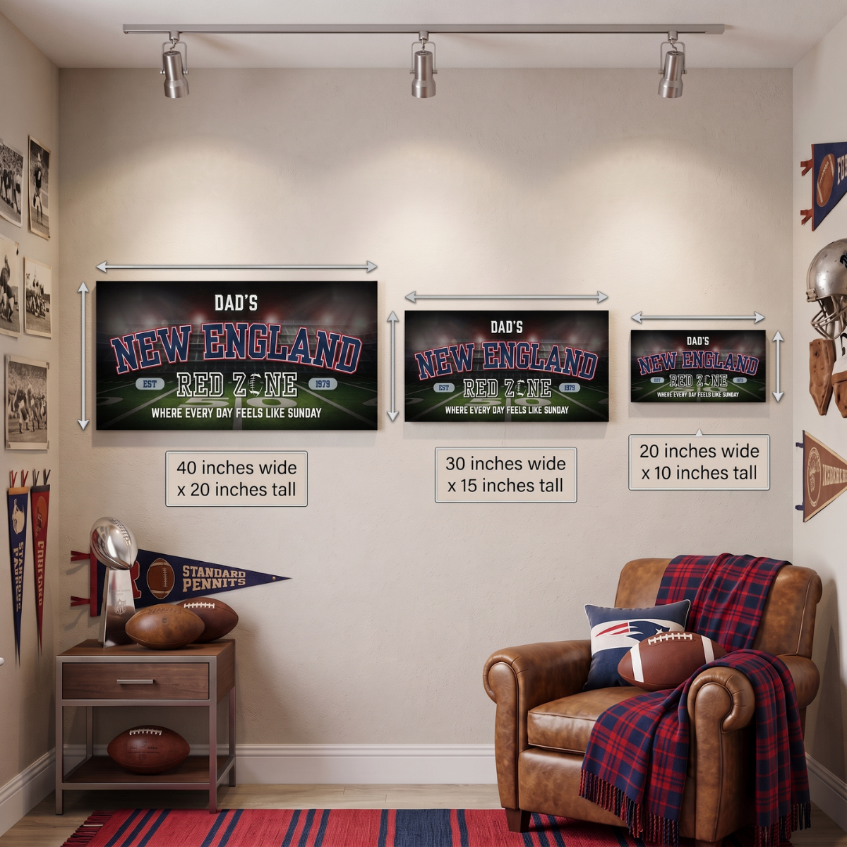 New England Football Sign personalized wall art canvas displayed in a man cave with dimensions.