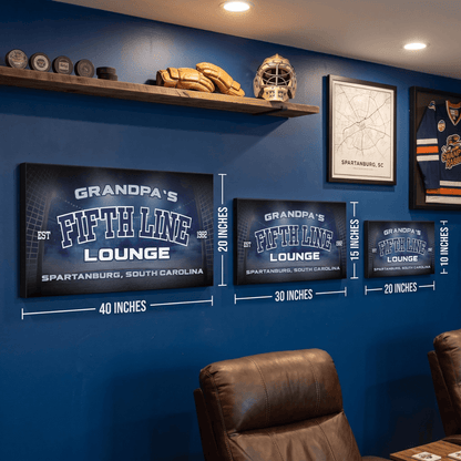 Hockey Man Cave Wall Art featuring Grandpa's Fifth Line Lounge and measurements against a blue wall.