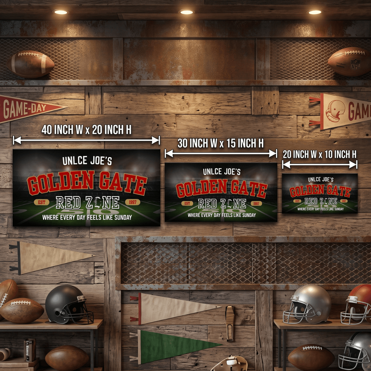 San Francisco Football Sign collection displayed on a rustic wall, showcasing personalized man cave wall art in various sizes.