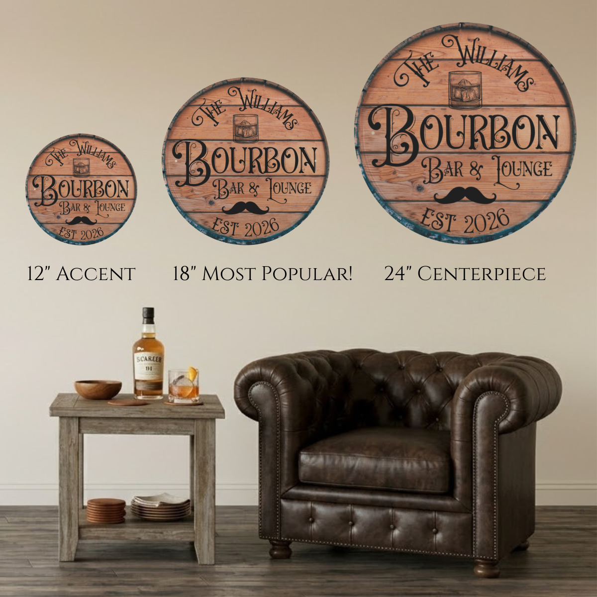 Personalized 5mm Wood Printed Whiskey Barrel Home Bar Sign