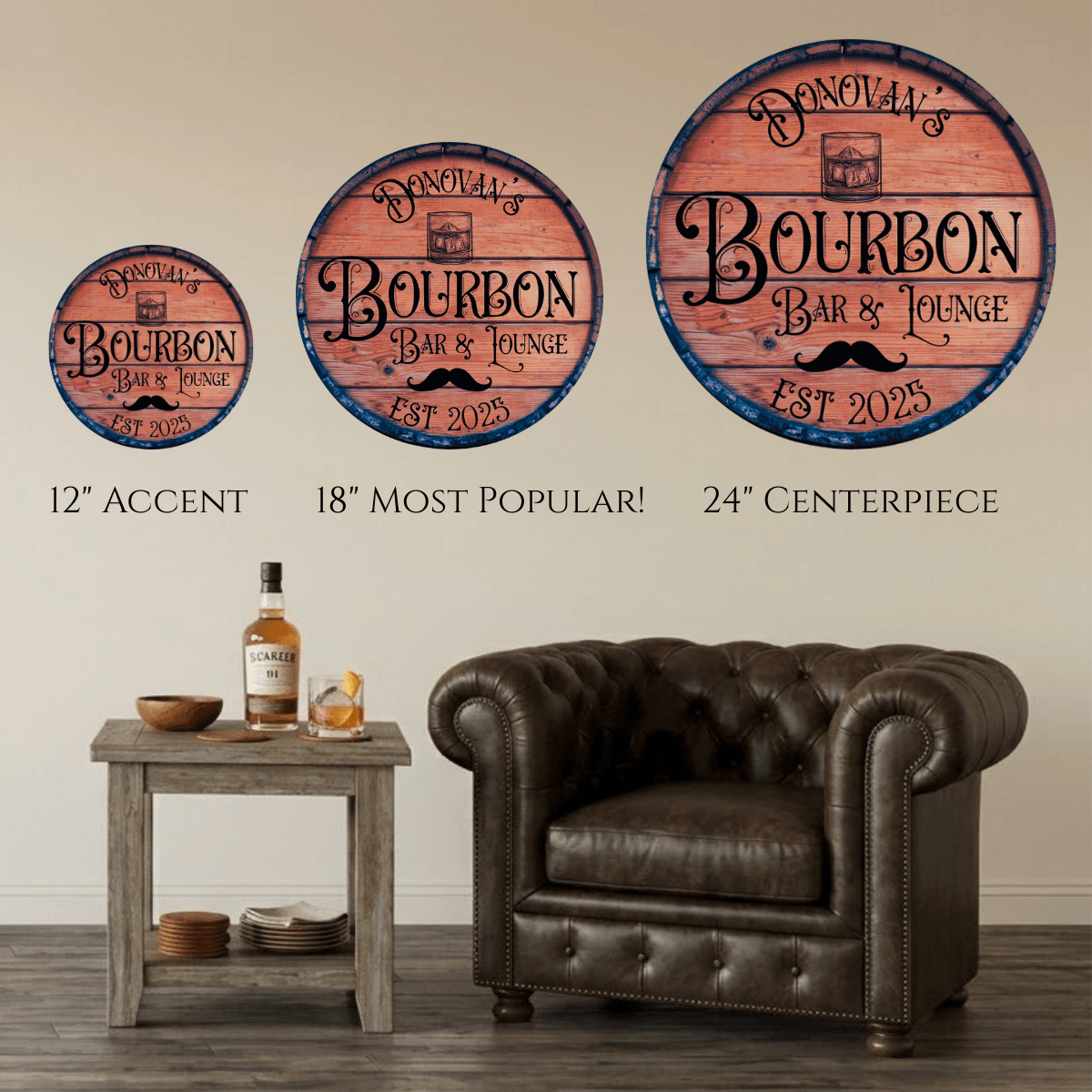 Whiskey Barrel Head Sign collection showcasing various sizes for home bar decor, featuring 'Donovan's Bourbon Bar & Lounge'.