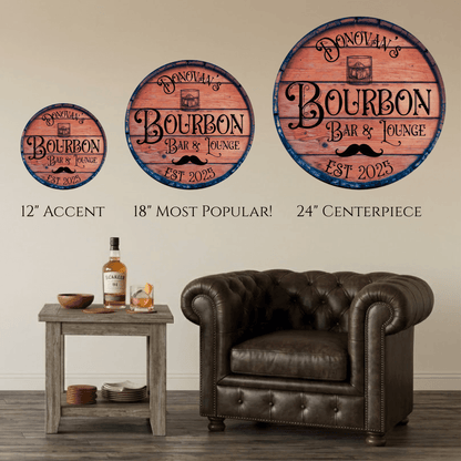 Whiskey Barrel Head Sign collection showcasing various sizes for home bar decor, featuring 'Donovan's Bourbon Bar & Lounge'.