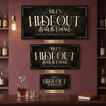 1920s Bar Sign with personalized name, three sizes displayed, vintage art deco style at home bar.