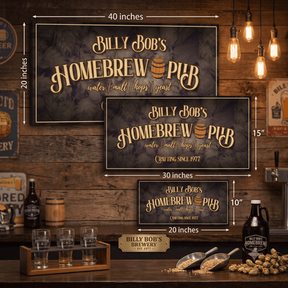 Personalized Homebrewing Sign displayed in a rustic home pub setting, featuring custom typography and barrel accent.