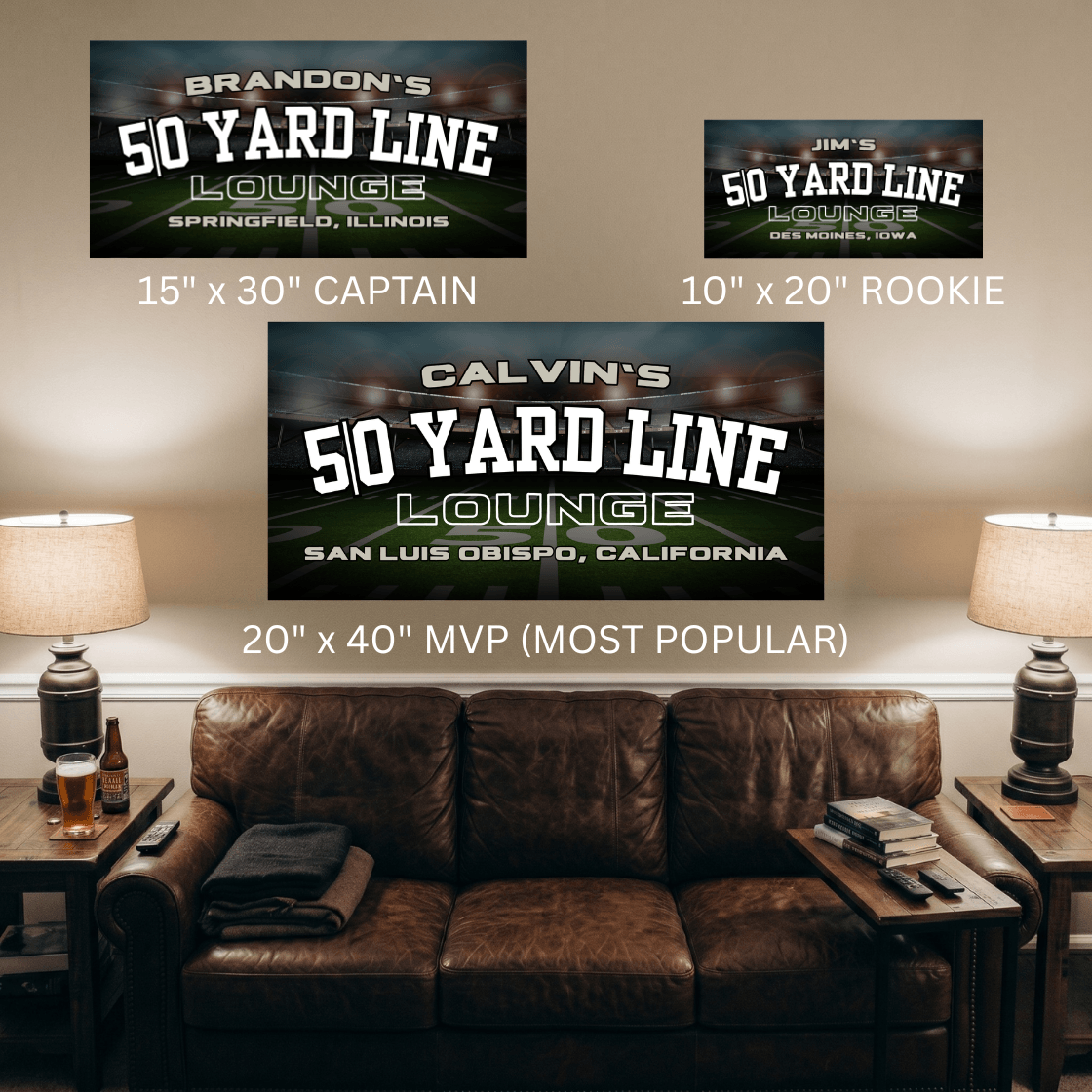 Personalized Football Canvas prints for a man cave featuring 50 Yard Line Lounge designs.