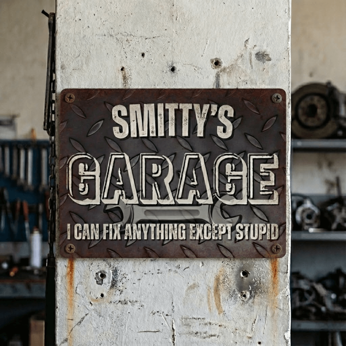 Metal Garage Sign with custom text 'Smitty's Garage' and a humorous tagline about fixing anything except stupid.
