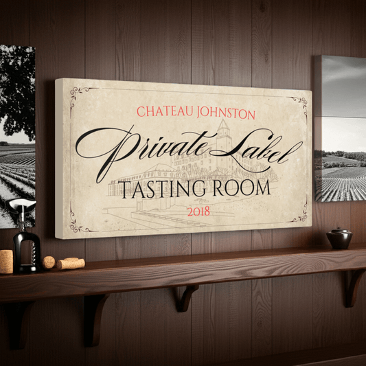 Wine Bar Sign featuring personalized 'Private Label Tasting Room' design for home decor.