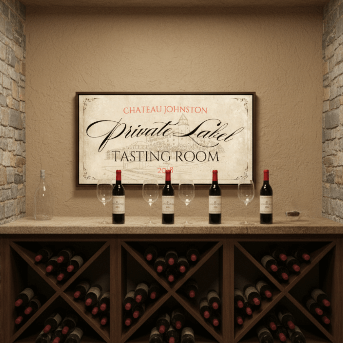 Wine Bar Sign with 'Private Label Tasting Room' art above wine bottles and glasses in elegant home bar setting.