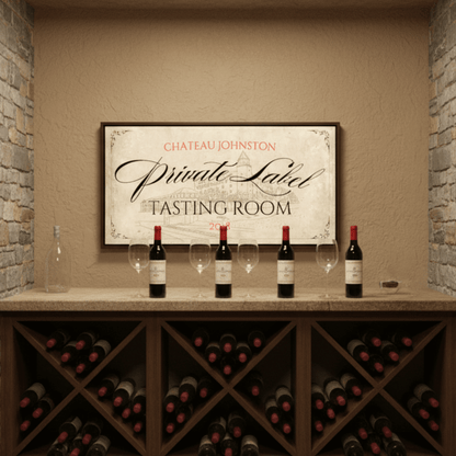 Wine Bar Sign with 'Private Label Tasting Room' art above wine bottles and glasses in elegant home bar setting.