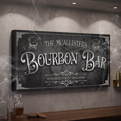 Personalized Bourbon Bar Sign on a wall, showcasing vintage design elements and names.