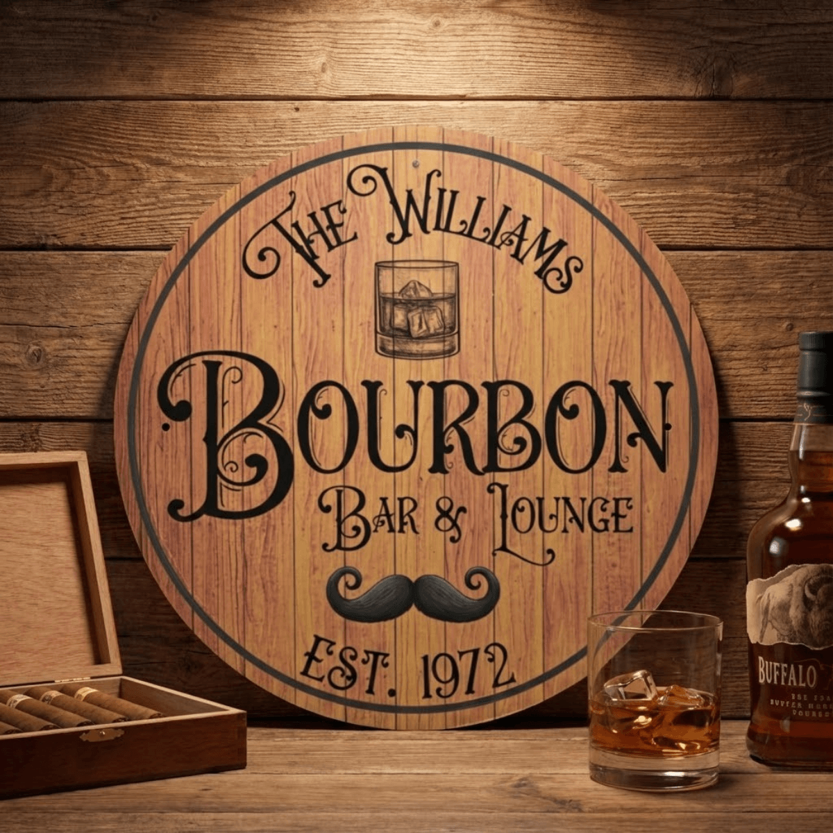 Whiskey Barrel Sign featuring personalized metal barrel lid design for a Bourbon Bar and Lounge.