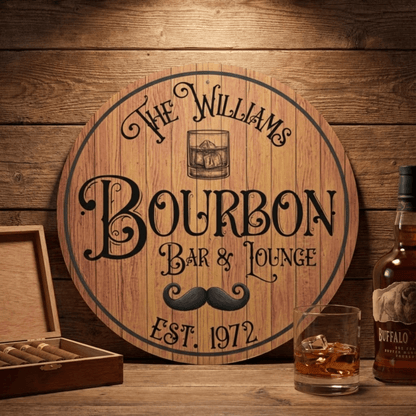 Whiskey Barrel Sign featuring personalized metal barrel lid design for a Bourbon Bar and Lounge.