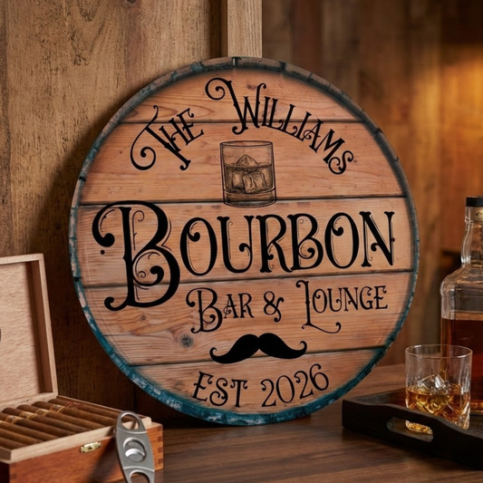 Bourbon Barrel Sign | Personalized Faux Barrel Head | Metal Home Bar Sign