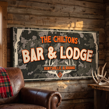 Hunting Lodge Sign featuring 'The Chiltons Bar & Lodge' in Huntsville, Alabama, set against a camouflage background. Google Primary Thumbnail Image