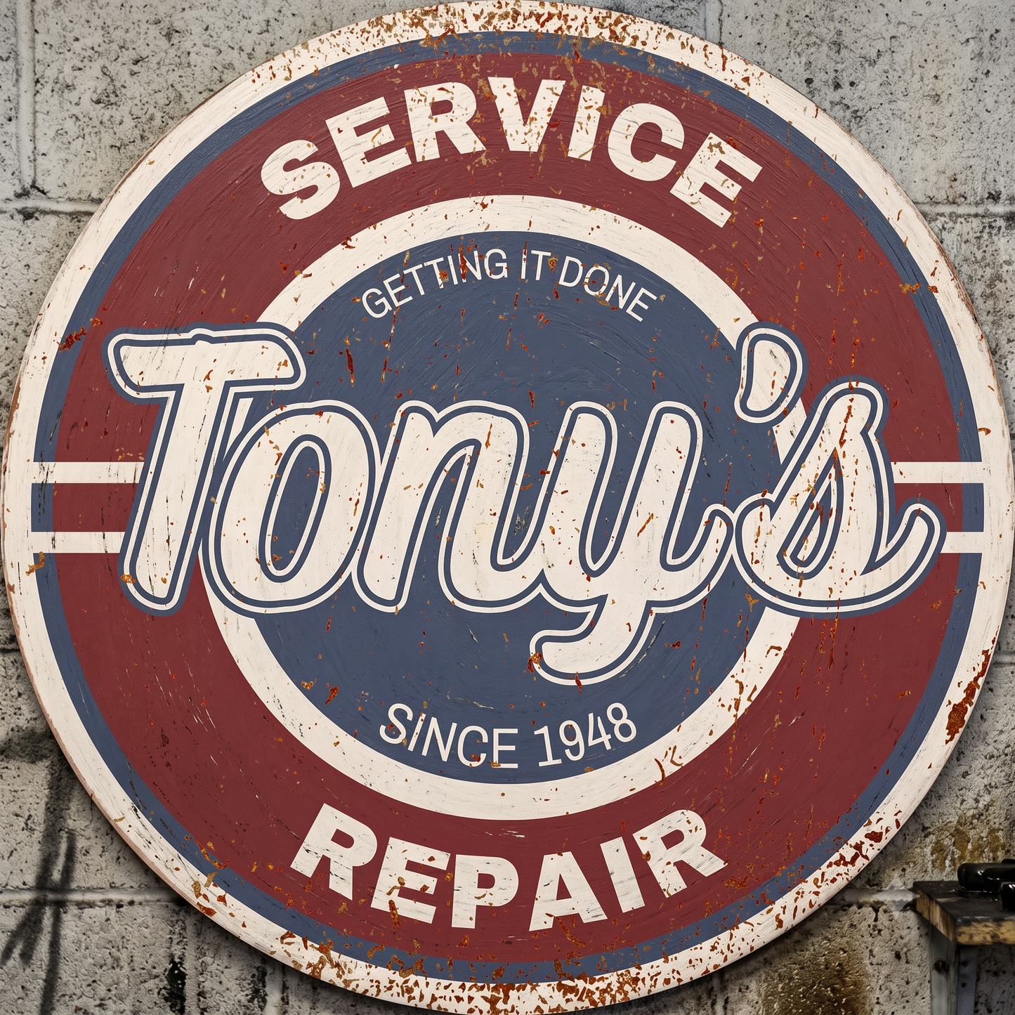 Personalized Garage Sign featuring Tony's Repair since 1948, vintage wood automotive service sign with classic design.
