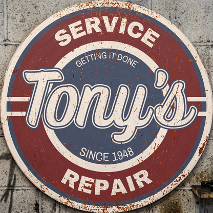 Personalized Garage Sign featuring Tony's Repair since 1948, vintage wood automotive service sign with classic design.