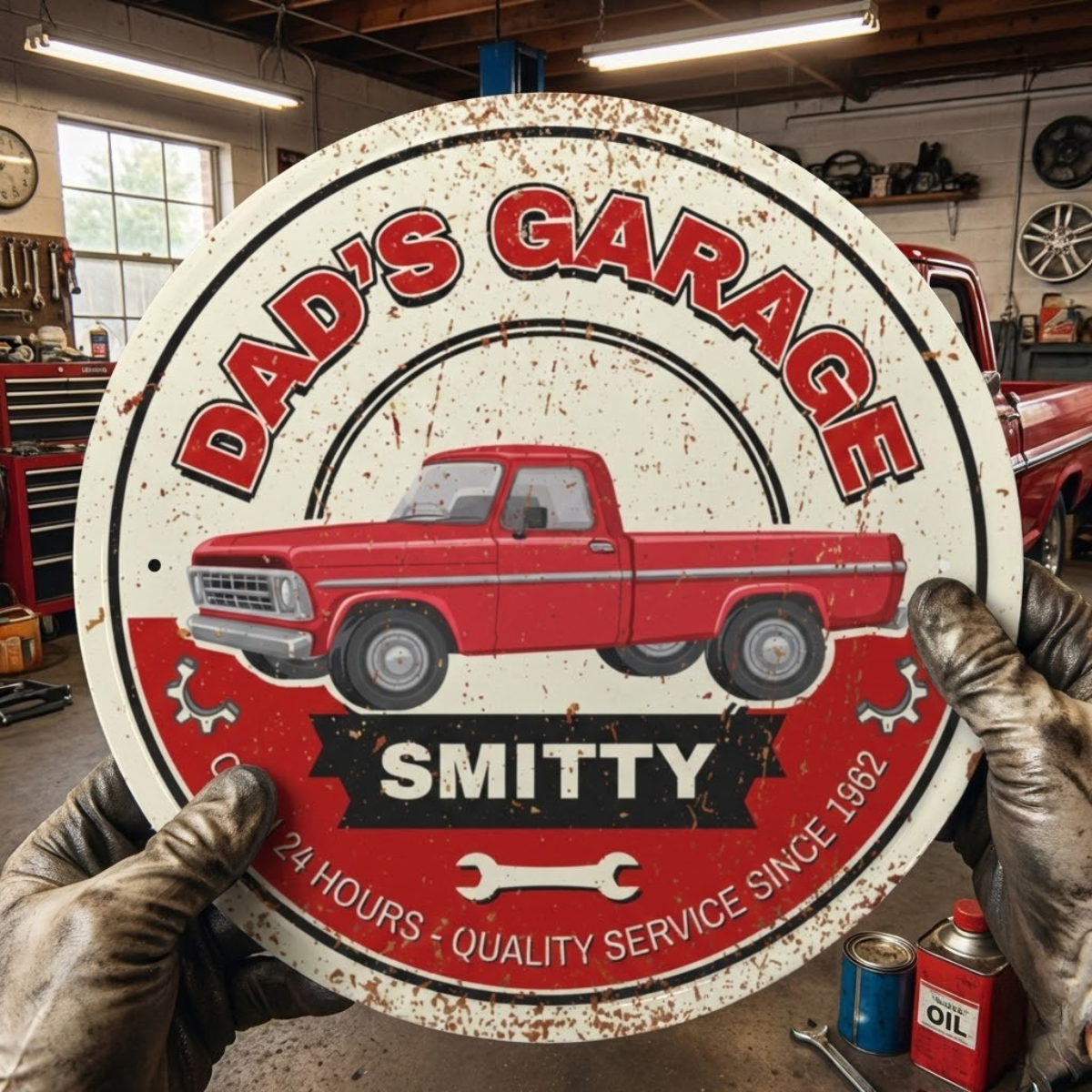 Dad's Garage Sign featuring a vintage truck design, perfect for personalizing a workspace or garage.