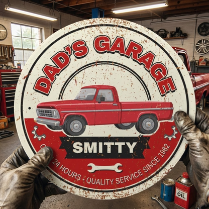 Dad's Garage Sign featuring a vintage truck design, perfect for personalizing a workspace or garage.