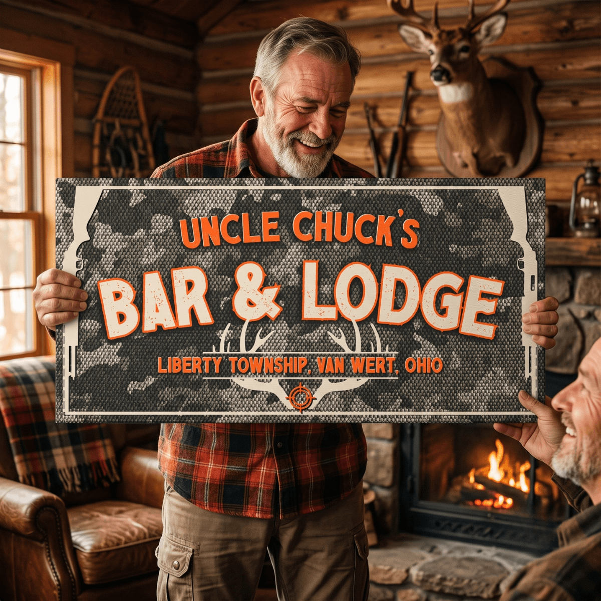 Hunting Lodge Sign featuring Uncle Chuck's Bar & Lodge in a rustic cabin setting with antler decor.