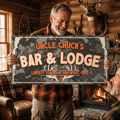 Hunting Lodge Sign featuring Uncle Chuck's Bar & Lodge in a rustic cabin setting with antler decor.