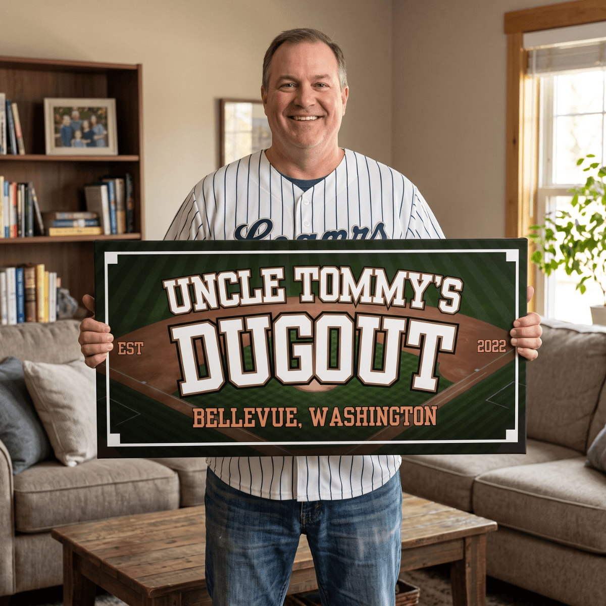 Baseball canvas featuring personalized design for Uncle Tommy's Dugout in Bellevue, Washington, perfect for man caves.
