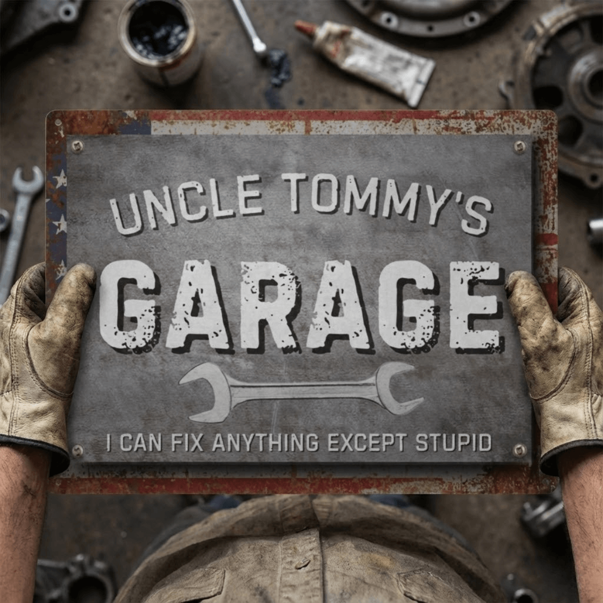 Metal Garage Sign featuring Uncle Tommy's Garage with humorous text and patriotic design.