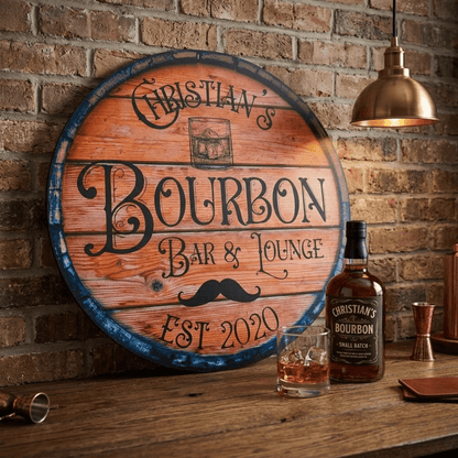 Whiskey Barrel Head Sign, personalized wooden decor for home bar, featuring text and whiskey bottle on a rustic bar background.