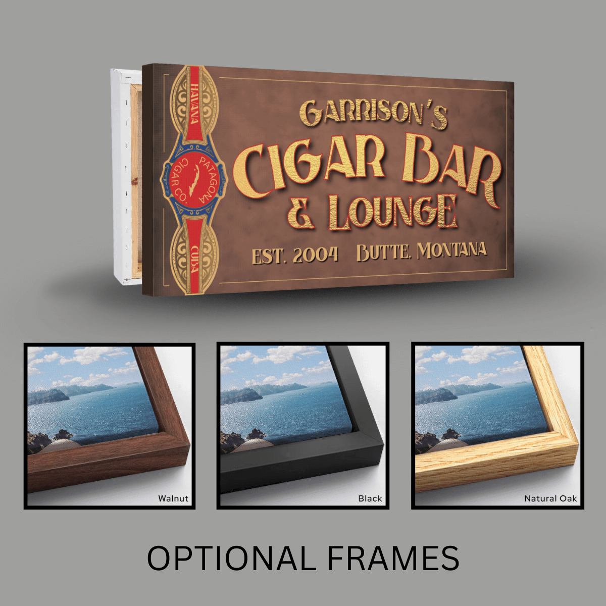 Garrison's Cigar Bar & Lounge wall sign with optional frames displayed below on a gray background