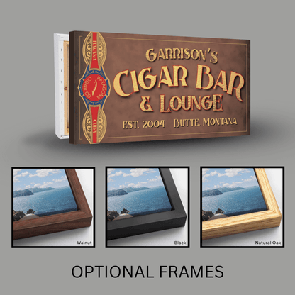 Garrison's Cigar Bar & Lounge wall sign with optional frames displayed below on a gray background