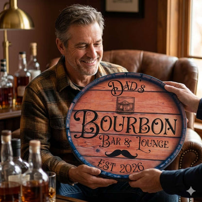 A man smiling while holding a personalized whiskey barrel head sign for Dads Bourbon Bar & Lounge.