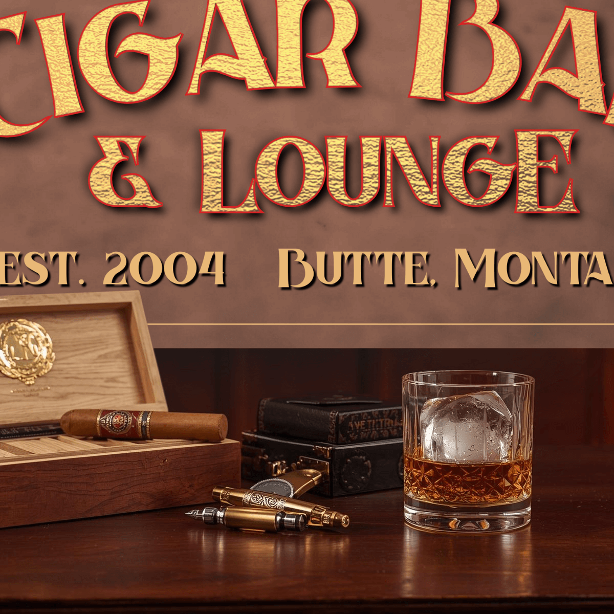 Custom Cigar bar sign man cave wall art with a glass of whiskey, cigars, and bullets on a wooden surface.