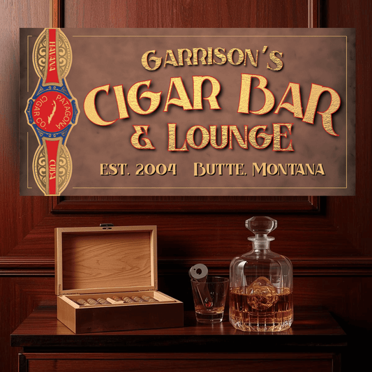 Garrison's Cigar Bar & Lounge sign with a wooden table featuring a humidor, glass, and decanter.