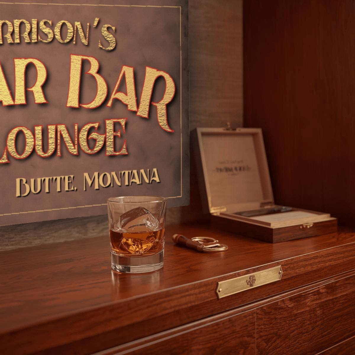 Glass of whiskey with a cigar box and lighter on a wooden surface, smoking man cave sign reading 'Garrison's Bar & Lounge, Butte, Montana' in the background.